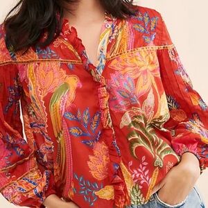 Farm Rio bush red tropical paisley cotton blouse size medium
